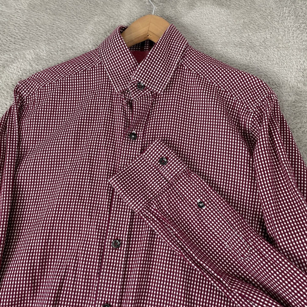 Robert Graham Shirt Mens Small Burgundy Gingham Tailored Fit Stretch Paisley